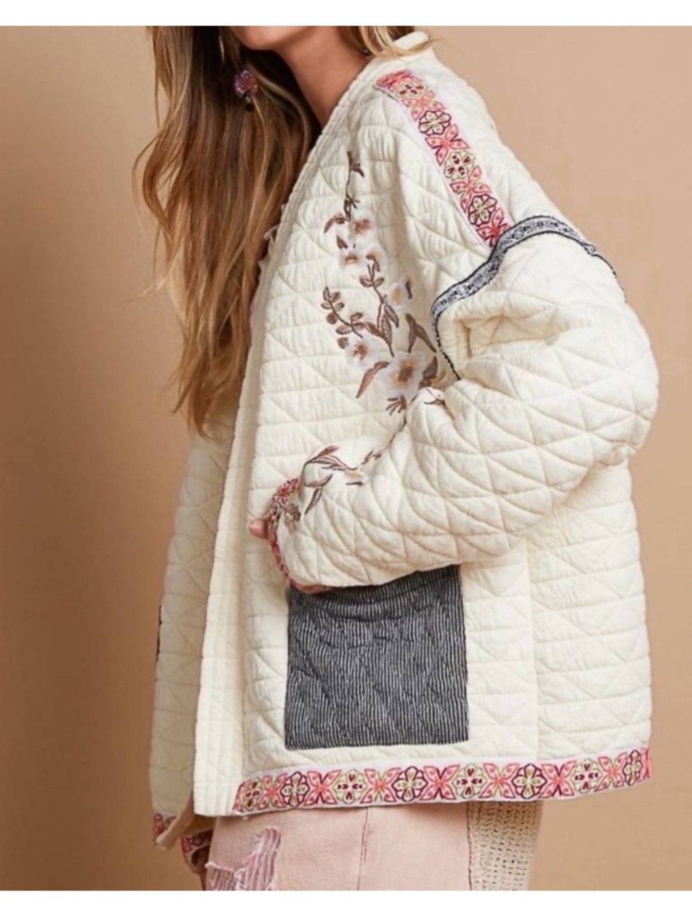 POL Cream Quilted Embroidered Jacket in Ivory Like New Bohemian Sz L - Picture 4 of 14